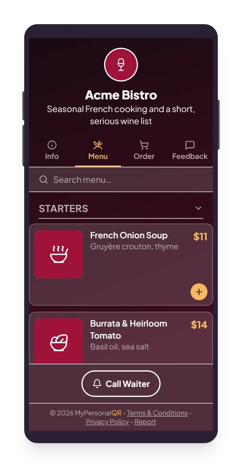 A dark restaurant menu page with a wine-red header, tabs and a Call Waiter button